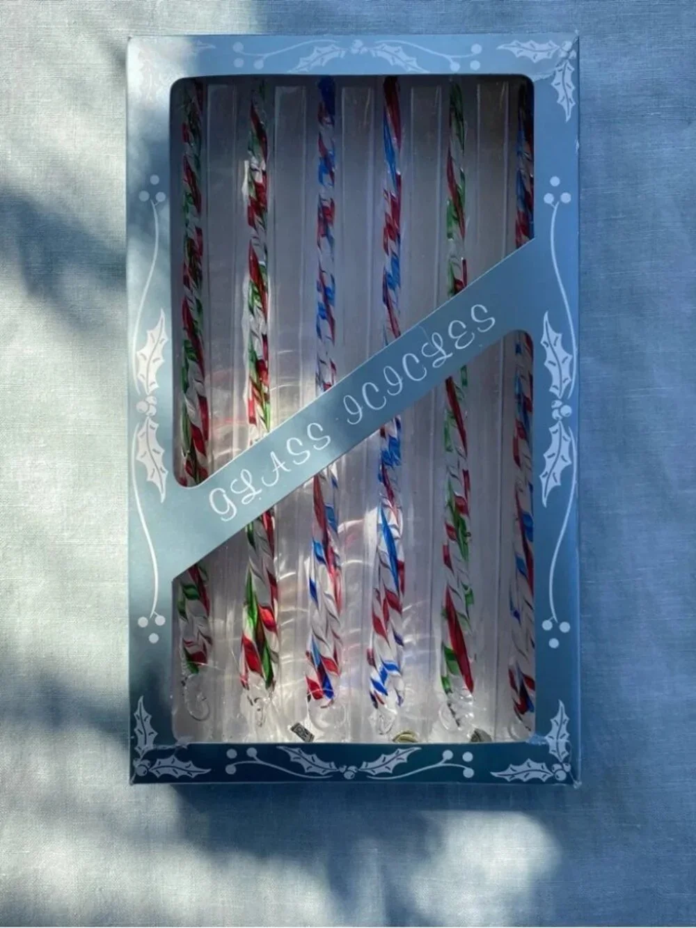 Vintage set of 6 Kurt Adler clear red blue green twisted glass icicle ornaments